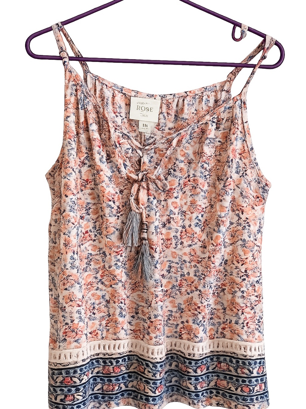 Printed Peach Floral Tassel-Front Cami Top - M